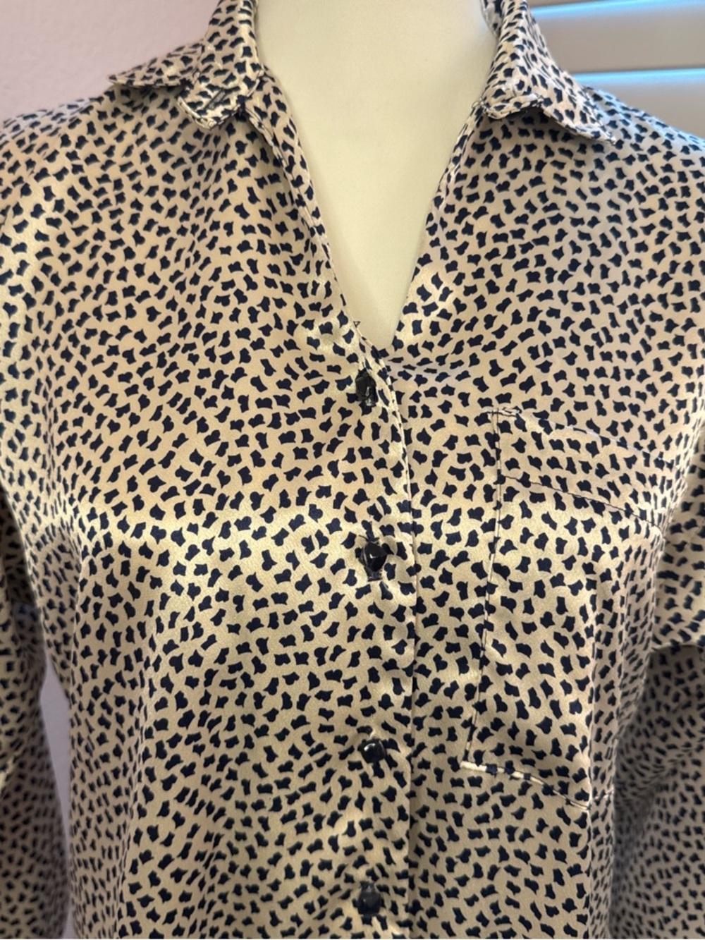 Vintage silky Beige and Dark Navy Almost Black Printed Button-Up Blouse